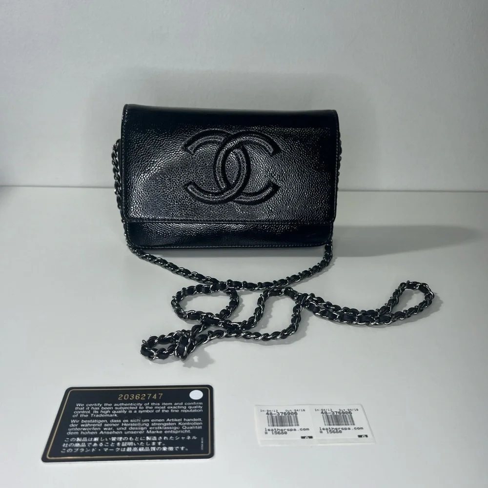 CHANEL | Black Patent Caviar Leather Wallet on Chain